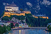 River Inn with city and illuminated castle of Kufstein, Kufstein, Tyrol, Austria