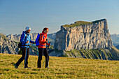 A man and a woman walking on meadow with Mont Aiguille in the background, from the Tête Chevalier, Vercors, Dauphine, Dauphine, Isère, France