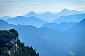 Gipfel der Achselköpfe mit Kulissenstaffelung des Mangfallgebirge, von der Benediktenwand, Bayerische Alpen, Oberbayern, Bayern, Deutschland