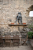 painted donkey sculpture, Hohenneuffen castle, Swabian Alb, Baden-Wuerttemberg, Germany