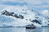 The Fram (Hurtigruten Group) makes way with a backdrop of steep snow and glacier covered mountains, Neko Harbour, Graham Land, Antarctica