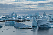 In einer Szene mit seltsam geformten Eisbergen weist einer einen mindestens 20 Meter hohen, filigran wirkenden Torbogen auf, Pleneau Island, Wilhelm Archipelago, Antarktis