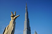 Greeting Sign, Hand, Burj Khalifa, Downtown, Dubai, UAE, United Arab Emirates