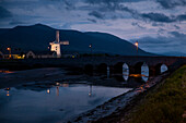 Historic windmill in Blennerville at dusk seen from while walking the Dingle Way, Blennerville, near Tralee, Dingle Peninsula, County Kerry, Ireland, Europe