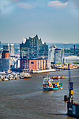 View to the skyline of Hamburg with the Elbphilharmonie and the sportharbour, Hamburg, North Germany, Germany