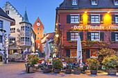 Restaurant Bären, Obertor and Hotel Löwen on the market square in the old town of Meersburg on lake Constance, Baden, Baden-Wuerttemberg, South Germany, Germany, Central Europe, Europe