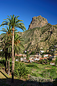 Häuser und Palmgärten von Vallehermoso mit Roque Cano, La Gomera, Kanarische Inseln, Kanaren, Spanien