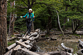 A female hiker crosses a stream in a forest, Los Glaciares National Park, Patagonia, Argentina