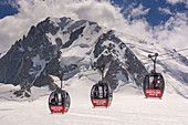 Three gondolas of the Panoramic Mont-Blanc cable car, Vallee Blanche, Mont Blanc group, Chamonix, France