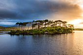 Connemara, Grafschaft Galway, Provinz Connacht, Irland, See Lough Inagh mit Insel