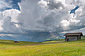 Seiser Alm, Dolomiten, Südtirol, Italien, Gewitterwolken über dem Sassolungo