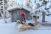 Weihnachtsmann und Schlitten, Region Nordösterbotten, Lappland, Finnland