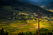 A view of Punakha valley from the roof of Khamsam Yulley Namgyal Chorten. Punakha, Bhutan, Himalayan Country, Himalayas, Asia, Asian.