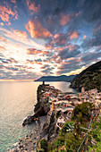 Elevated view of Vernazza at sunset. Cinque Terre, Liguria, Italy, Europe.