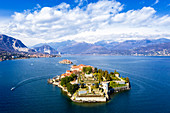 Aerial view of the Borromee Islands with Isola Bella in the foreground. Stresa, Lake Maggiore, Piedmont, Italy. Europe.