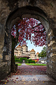 View of the courtyard of Chillon castle. Veytaux, Montreux, Canton of Vaud, Switzerland.
