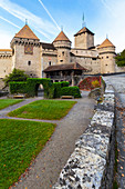 View of the courtyard of Chillon castle. Veytaux, Montreux, Canton of Vaud, Switzerland.