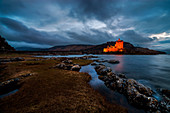 Eilean Donan Castle at night, Loch Dutch, Kyle of Lochalsh, Highlands, Scotland, United Kingdom, Northern Europe