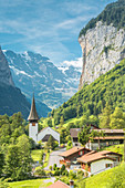 The iconic church of Lauterbrunnen,Interlaken-Oberhasli administrative district, canton of Bern,Bernese Oberland, Switzerland.