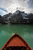 sailing on Lake Braies, Natural Park fanes-sennes-braies, Bolzano province, Trentino Alto Adige district, Dolomites, South Tyrol, Italy, Europe.