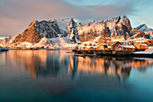The beautiful and iconic Sakrisoya village at sunrise in winter day, Lofoten Islands, Northern Norway, Europe