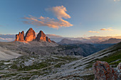 Sonnenuntergang am Tre Cime di Lavaredo, Dolomiten, Toblach, Südtirol, Bozen, Italien
