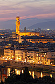 Overview of Palazzo Vecchio (Old Palace) at dusk from Piazzale Michelangelo, Florence, Tuscany, Italy