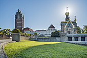 Hochzeitsturm und Russische Kapelle auf der Mathildenhöhe in Darmstadt, Südhessen, Hessen, Mitteldeutschland, Deutschland, Europa 