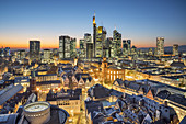 View from the Kaiserdom on the financial district at night, Frankfurt, Hesse, Germany
