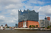 View from the water to the Elbphilharmonie, Landungsbrücken, harbor city, Hamburg, Germany