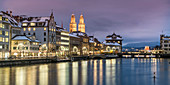 Christmas lights on the Limmatquai in Zurich, Grossmunster, Switzerland