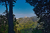 View from Castelo dos Mouros to a castle above Sintra, near Lisbon, Portugal