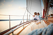 Two 9-year-old girls aboard the two-master Sir Shackleton, Ammersee, Bavaria Germany