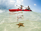 Couple kayaking on ocean at Starfish Beach, Grand Cayman, Cayman Islands