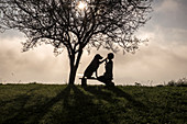 Dog and woman sit on a bench and make high five under a tree silhouette in the morning mood at train. Switzerland