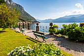 View of lake from Botanical Gardens in the village of Vezio, Province of Como, Lake Como, Lombardy, Italian Lakes, Italy, Europe