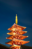 The Five Storey Pagoda at dusk next to the Senso-ji Temple in Asakusa, Tokyo, Honshu, Japan, Asia