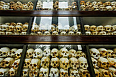 Einige der 5000 Schädel von Khmer Rouge-Opfern in der Gedenkstätte Killing Fields, Choeung Ek, Phnom Penh, Kambodscha, Indochina, Südostasien, Asien