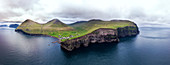Panoramic aerial view of cliffs and village of Gjogv, Eysturoy island, Faroe Islands, Denmark, Europe