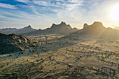 Aerial of beautiful mountain scenery, Sahel, Chad, Africa