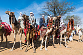 Colourful camel riders at a Tribal festival, Sahel, Chad, Africa
