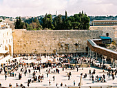 View of famous Wailing Wall with crowd of people, Jerusalem, Israel
