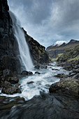 Majestic natural scenery with view of waterfall, Saksun, Faroe Islands