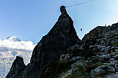People on slackline on Aiguille d'Argentiere in Chamonix Valley, Haute Savoie, France