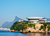 View towards Niteroi Contemporary Art Museum, Corcovado Mountain and Pedra da Gavea, Niteroi, State of Rio de Janeiro, Brazil, South America