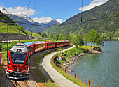 Bernina Express in Poschiavo, Canton of Graubunden (Grigioni), Switzerland, Europe