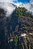 The monastery Taktshang or Taktsang or Tigernest in a rock wall, Buddhist monastery in the Parotal, Bhutan, Himalayas, Asia