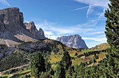 on the Gardena Pass with Langkofel, Alta Badia, Dolomites, South Tyrol, Italy