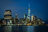 A long exposure of the lights of Lower Manhattan during the evening blue hour, New York, United States of America, North America