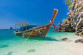 A long tail boat on Tup Island in Ao Nang, Krabi, Thailand, Southeast Asia, Asia